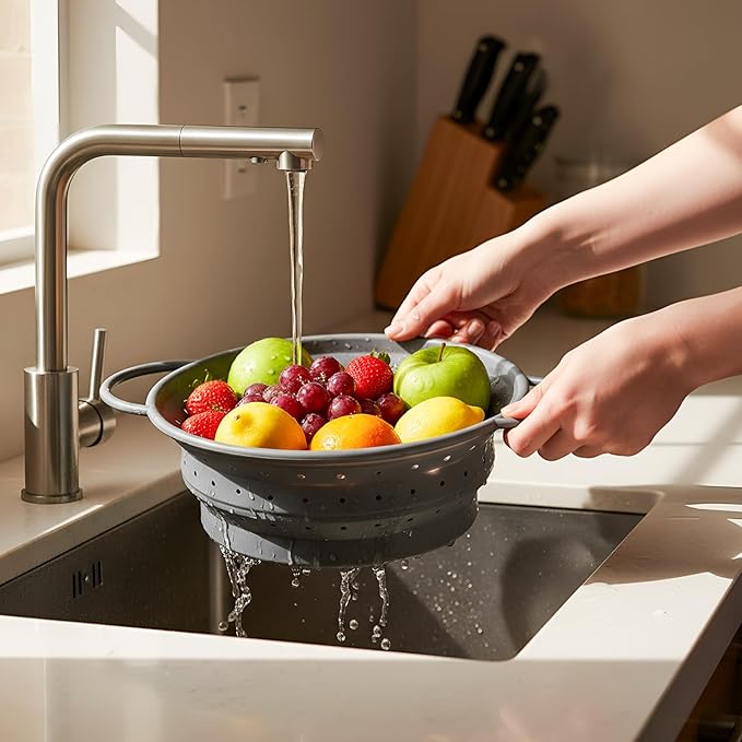 3 Pack Collapsible Colander with Strainer Bowl Set, 11 & 13 In BPA-Free Silicone Colanders for Kitchen, Heat-Resistant Space-Saving Strainer Dishwasher Safe Baskets for Vegetable Fruits(Grey)
