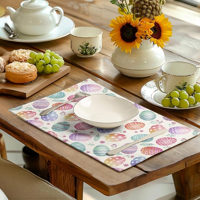 Easter Placemats Set of 4 Watercolor Colorful Eggs Floral Table Mats 12x18 Inch Spring Washable Heat Resistant Linen Fabric Place Mat for Indoor Outdoor Kitchen Dining Home