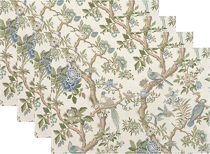 Blue Green Chinoiserie Placemats Set of 4 Spring Vintage Bird Flower Decor Place Mats 12x18 Inch Floral Seasonal Decorative Linen Table Mats for Home Kitchen Dining Party Table Decoration