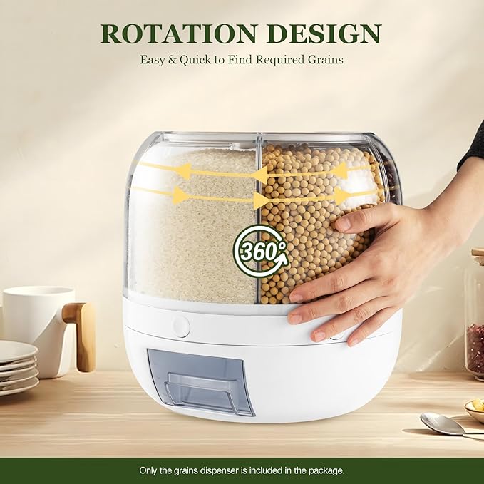 Rice Dispenser, 6 Grid 360° Rotating Rice Container Cereal Holder with Lid & Measuring Cup, Grain Storage Organizer for Kitchen Countertop Dry Food, White, 6kg/13lbs