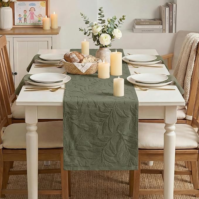 Artoid Mode Olive Green Soft Cotton Jacquard Leaves Spring Table Runner, Holiday Kitchen Dining Table Decoration for Home Party Decor 13x72 Inch