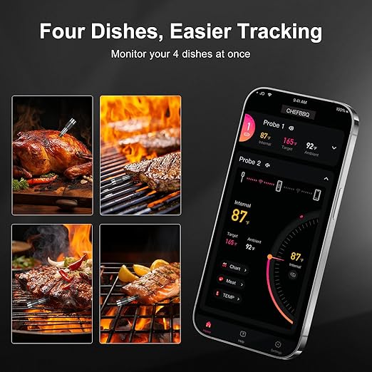 Smart Wireless Meat Thermometer with 4 Probes & 800ft Range, Bluetooth Grill Food Thermometer, Digital Backlit Screen, 0.5S Instant Read, NIST ±0.5℉ Accuracy for Kitchen BBQ, Oven, Smoker, Air Fryer