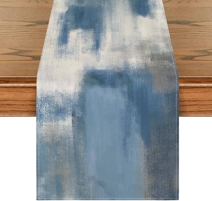 Artoid Mode Light Blue Abstract Modern Art Table Runner, Seasonal Summer Farmhouse Style Kitchen Dining Table Decoration for Home Party Decor