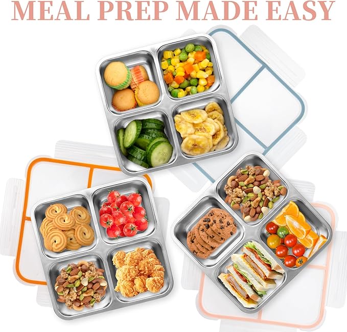 Stainless Steel 4 Compartment Snack Containers,Bento Lunch Box, Divided Meal Prep Food Storage Containers for Work and Travel