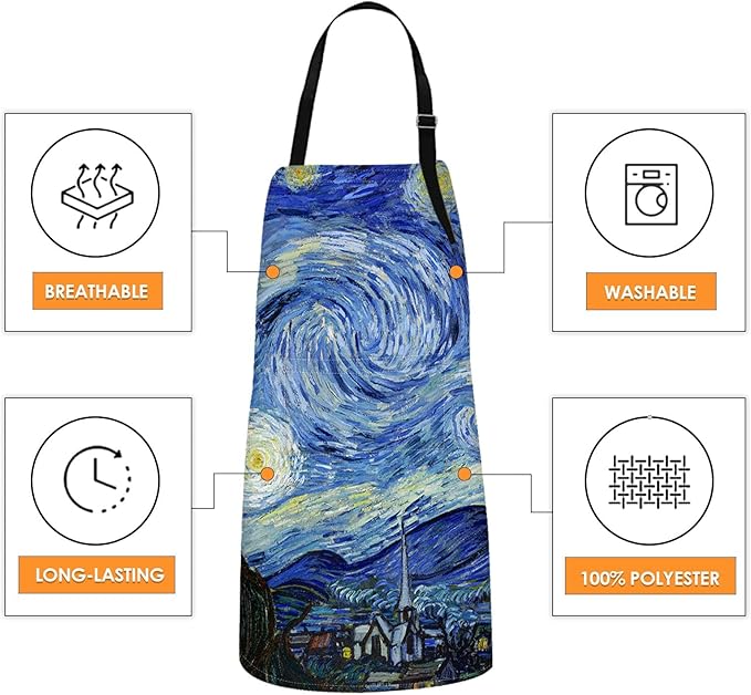 Britimes Apron Home Kitchen Cooking Baking Gardening for Women Men With Pockets Starry Night Oil Painting 32x28 inch