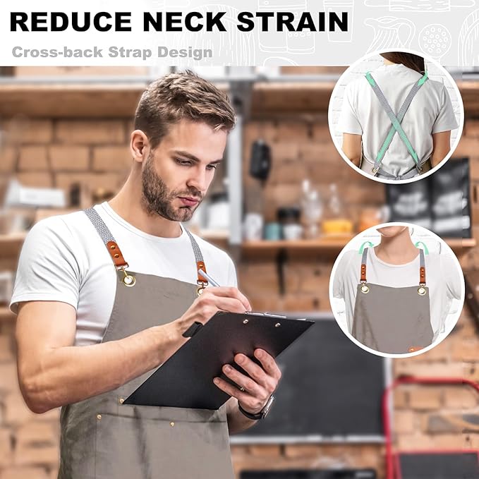BeLuyi chef apron bib tool apron for man woman cross back straps with 4 pockets for kitchen cooking gardening baking working