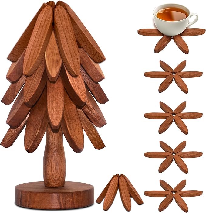 Wooden Trivets for Hot Dishes, Wooden Tree Trivet Set of 5 for Easy Storage - Suited for Hots, Pans, Bowl, Teapot, Hot Holders - Multifunctional Ornaments (Dark - 5 PCs)