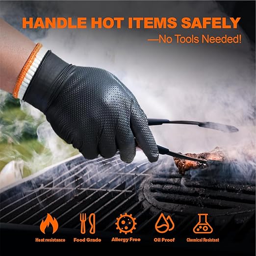 ANBOSON BBQ Gloves for Grilling Disposable Heat Resistant - 100 Nitrile Gloves + 4 Reusable Cotton Liners for Barbecue Smoker, Cooking Hot Meat - 10Mil Thick, Non-Slip Grip - Black Large