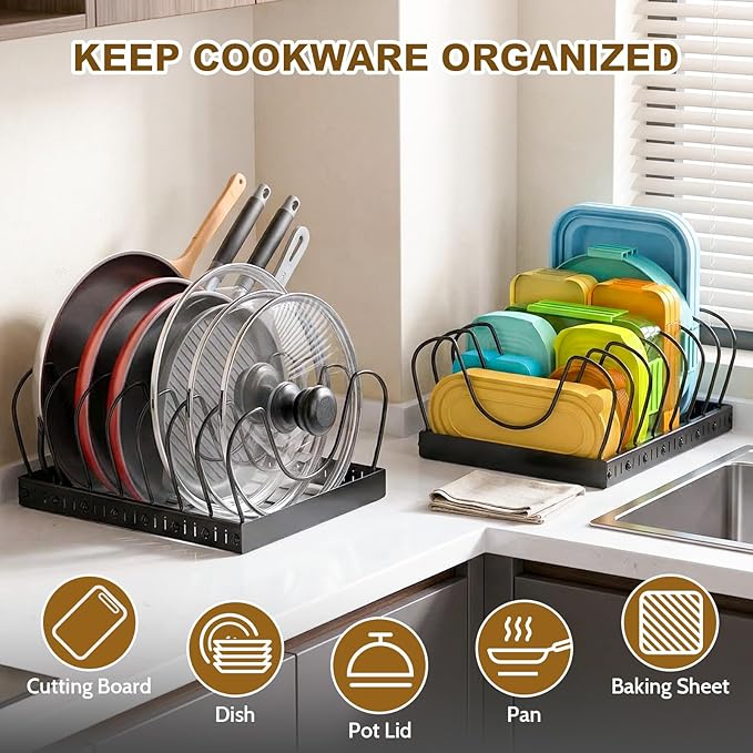 2PACK Large Pot Lid Organizers Inside Cabinet, Pots and Pans Organizer Under Cabinet with 16 Adjustable Dividers for Kitchen, Countertop Pan Lid Holder, Rust-Resistant Lid Storage, Easy to Clean