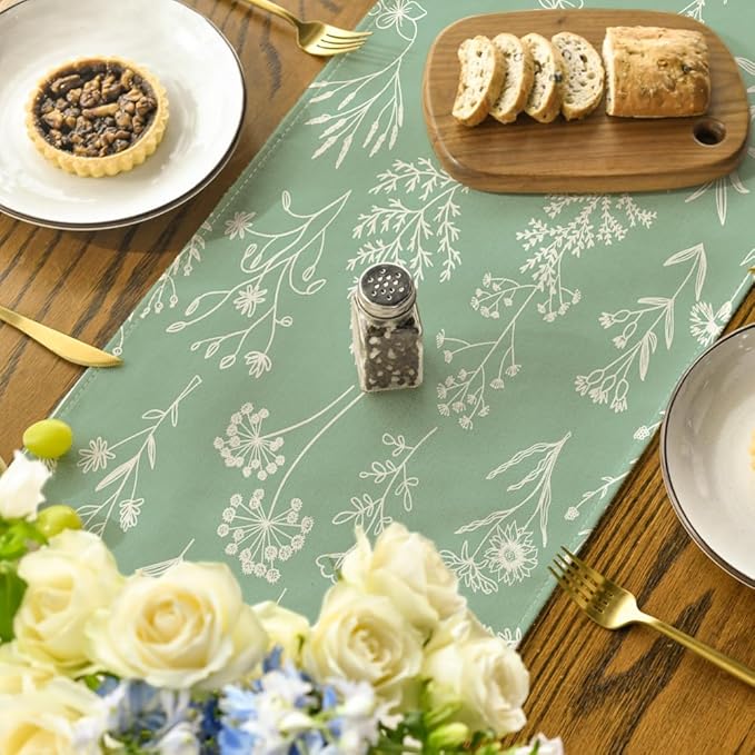 Artoid Mode Sage Green Leaves Flowers Spring Table Runner, Seasonal Kitchen Dining Table Decoration for Home Party Decor 13x72 Inch