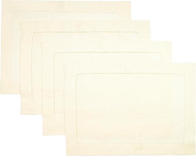 D'Moksha Homes Linen Placemats Set of 4 - Classic Hemstitch Ivory Placemats 14 x 19 Inch - 100% Pure Linen Table Mats for Mothers Day, Spring - Handcrafted and Machine Washable