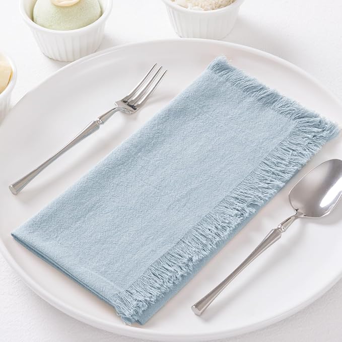 DeZerlor 6 Pack Gray- Blue Cotton Linen Napkins with Fringe Spring Cloth Napkins Set of 6 Boho Handmade Dinner Napkins Bulk for Wedding Bridal Baby Shower Parties, 17 x 17 Inches