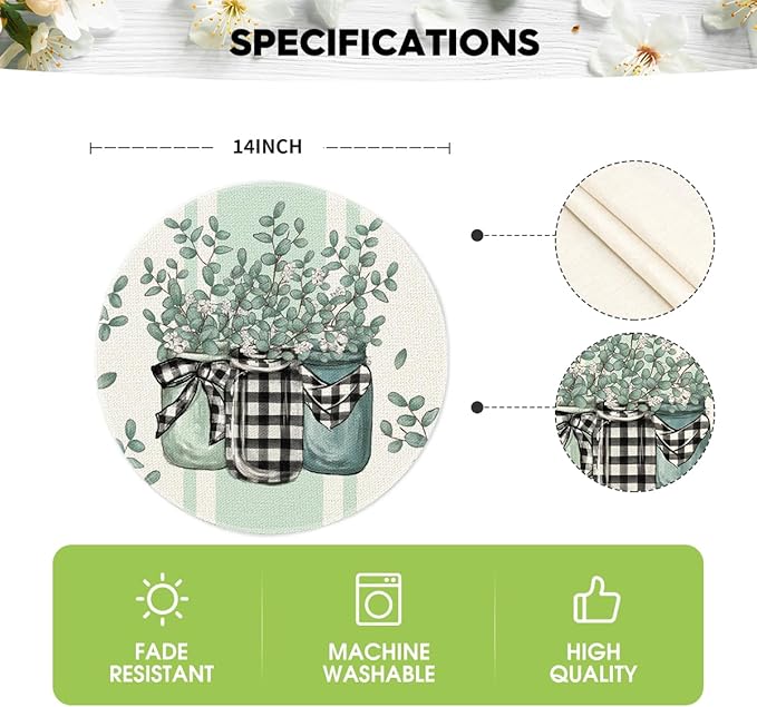 Artoid Mode Eucalyptus Buffalo Plaid Spring Placemats Set of 4, 14 Inch Round Vase Seasonal Table Mats for Party Kitchen Dining Decoration