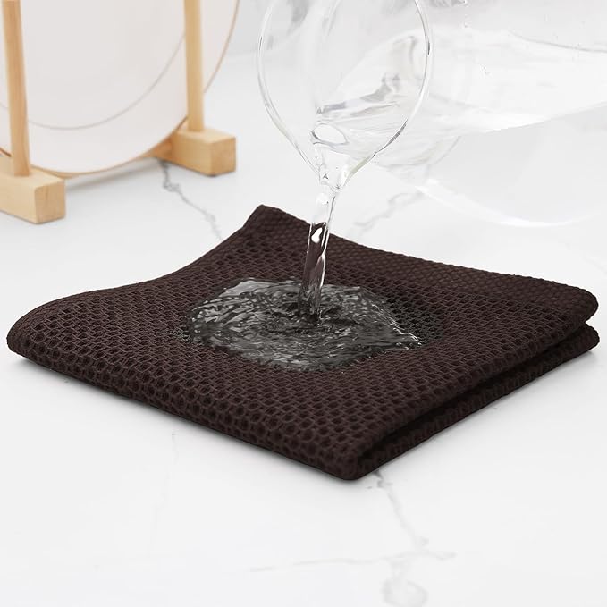 Kitinjoy 100% Cotton Kitchen Dish Cloths (12 X 12 Inches, Dark Brown), 6 Pack Waffle Weave Ultra Soft Absorbent Dish Towels for Drying Dishes Quick Drying Kitchen Towels Dish Rags