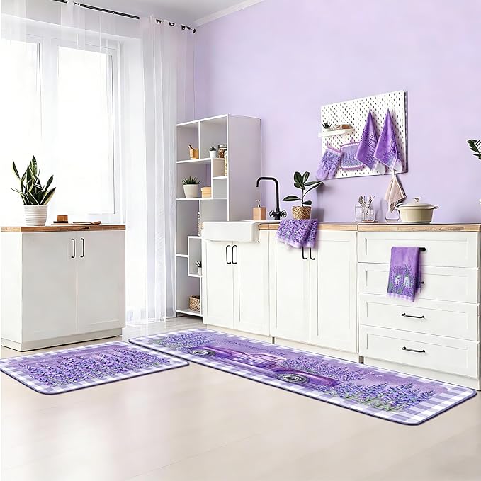 VitalCozy 10 Pcs Lavender Kitchen Decor Lavender Kitchen Towels and Rugs Oven Mitts and Pot Holders Set Hand Towels Purple Decorative for Baking Cooking BBQ