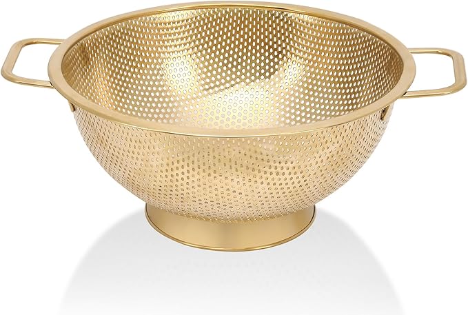 Gold Strainer for Kitchen, 3QT, Stainless Steel Colander with Handle for Fruits Vegetables Cooking Food, Dishwasher Safe