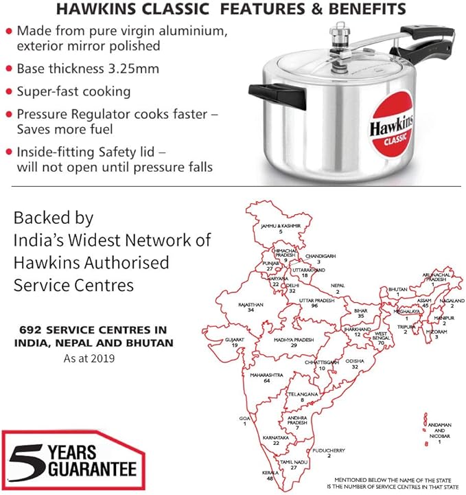 Hawkins Classic Aluminum Pressure Cooker, 5 L, Silver