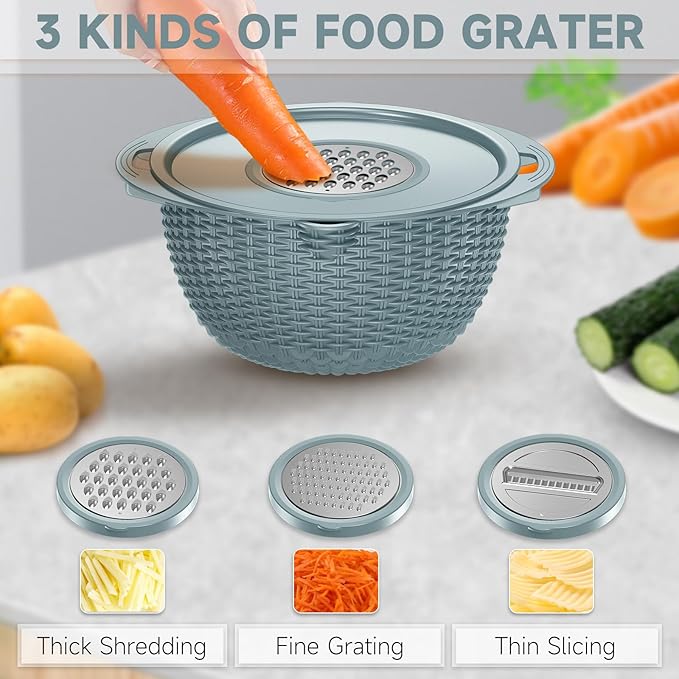 4-1 Strainer with Bowl & Spoons Set - Strainers and Colanders(Patented) - Colanders for kitchen - Food Strainer with New Upgraded Graters & Spoons - Fruit Bowl for Pasta Fruits Veggie- Blue