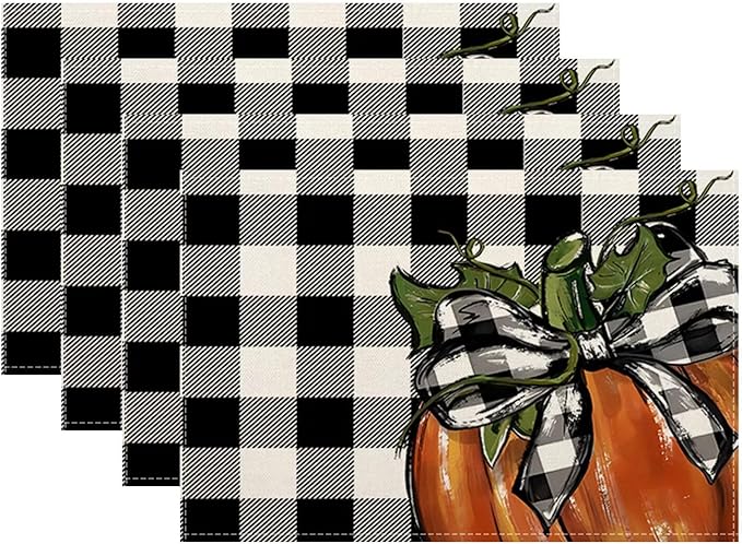 Fall Pumpkin Placemats 12x18 Inch Set of 4, Black White Plaids Pumpkin Table Place Mat Thanksgiving Autumn Orange Harvest Washable Table Mats Decorative Linen Fabric Table Mat for Dining Table