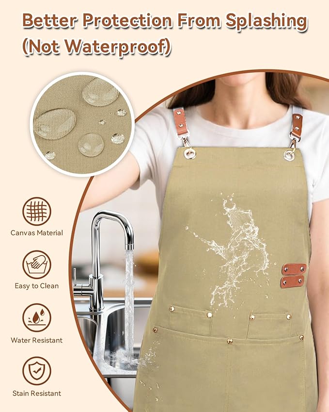 Teskyer Kitchen Cooking Apron with Pockets, Water Oil Resistant, Canvas Cross Back Aprons for Men Women Chef Server