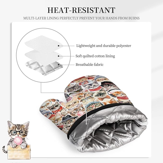 Cute Cat Oven Mitts and Pot Holders Sets 3PCS, Cat Silicone Heat Resistant Oven Mitts Birthday for Cats Lover, Funny Cats Heat Resistant Non-Slip Oven Gloves for Mom Wife Sister BFF