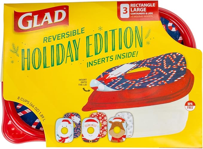 Glad GladWare Holiday Food Storage Containers with Reversible Gift Tags, Large Rectangle BPA Free Plastic for Holiday Cookies and Gifting, Microwave Freezer Dishwasher Safe, 64 Oz, 3 Count