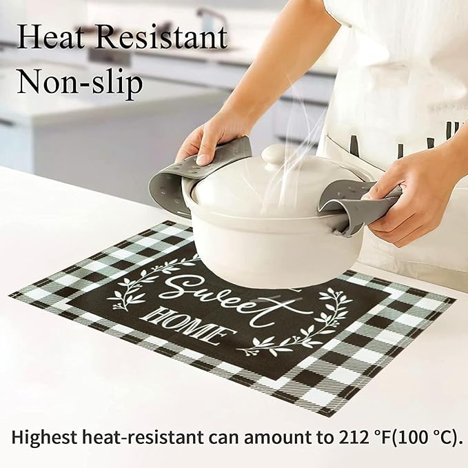Buffalo Plaid Placemats Set of 4, Cloth Farmhouse Black White Linen Place Mats - Washable Heat Resistant Waterproof Table Mats for Ktichen Dining Table 18 X 12 Inch, Plaid