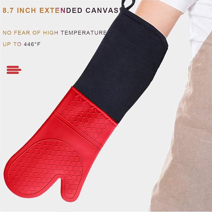 Linwnil Extra Long Silicone Oven Mitts Heavy Duty Commercial Grade Oven Mitts Heat Resistant BBQ Gloves with Quilted Cotton Lining 2 Pack (Red)