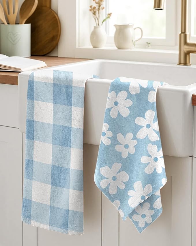 Miss Adola 2pcs Flour Sack Kitchen Towels - 18"x 26" Cotton Kitchen Hand Towels with Hanging Loop Reusable Geometric Blue Velvet Farmhouse Plaid Tea Towel Absorbent Dishcloths Home Decor, Blue Daisy