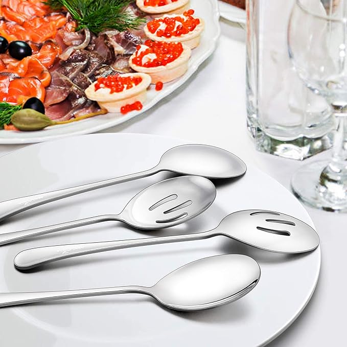 LIANYU 3 Serving Spoons, 3 Slotted Serving Spoon, Stainless Steel Party Buffet Catering Dinner Banquet Serving Spoons, 8 3/4 Inch, Mirror Finish, Dishwasher Safe
