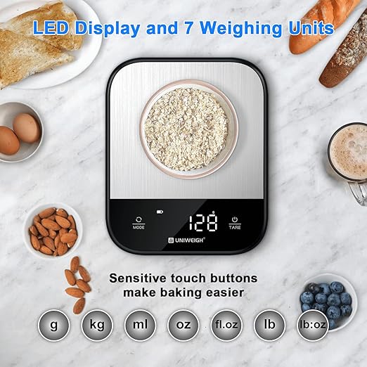 UNIWEIGH Food Scales for Kitchen,Digital Scale Grams and Ounces for Food Weight,Baking,Cooking,Meal Prep,Small Kitchen Scales with 7 Weighing Units/LED Display/Tare Function,Stainless Steel,Black