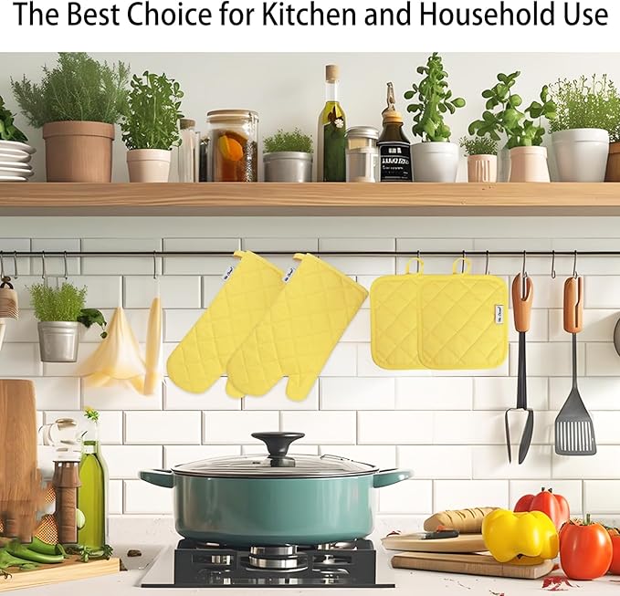Oven Mitts and Pot Holders Sets,6 Pcs Oven Mitts and Potholders with Recycled Cotton High Heat Resistant Extra Thick Long Oven Mitts for Cooking(Yellow)
