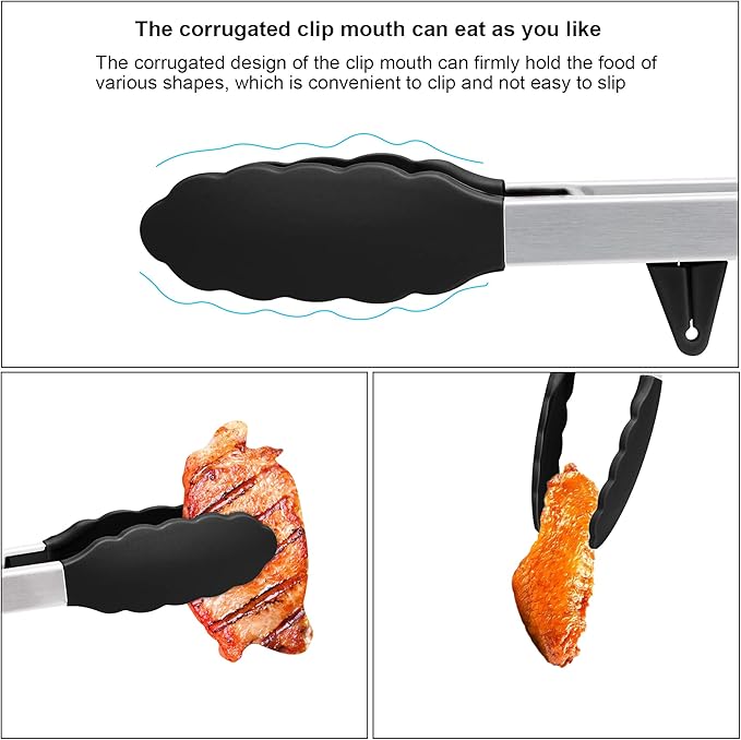4in1 Stainless Steel Kitchen Food Tongs Set for Cooking with Silicone Tips, Toaster Steak Pie Pizza Pasta Spaghetti Noodles Salad Fruit Vegetable Grill BBQ Buffet Clamp Serving Tools Gadgets