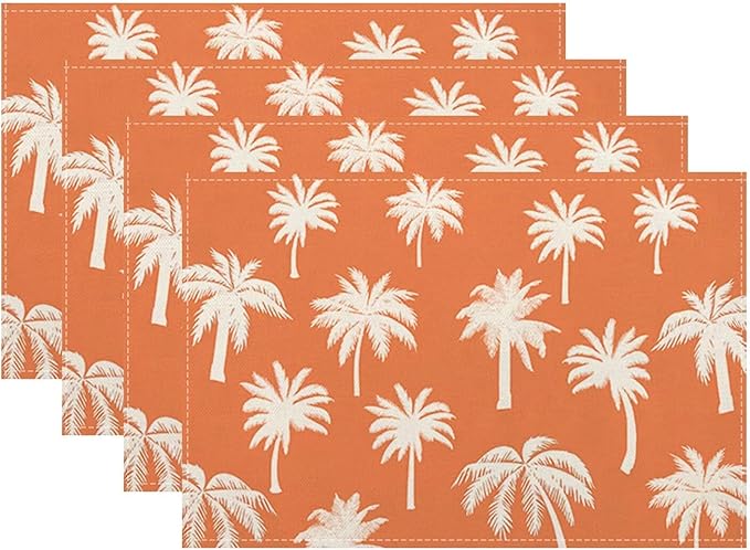 Palm Tree Placemats 12x18 Inch Set of 4, Summer Burnt Orange Table Place Mat Vintage Tropical Washable Table Mats Decorative Linen Fabric Table Mat for Dining Table Decor