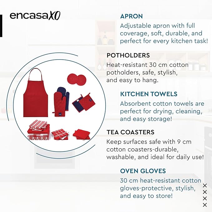Encasa XO Kitchen Towels and Dishcloths Sets | 21 Pc Apartment Essentials Set | Oven Mitts and Pot Holders with Hanging Loop | Cooking Apron, Dish Cloth, Flour Sack and Coasters Beige Combo