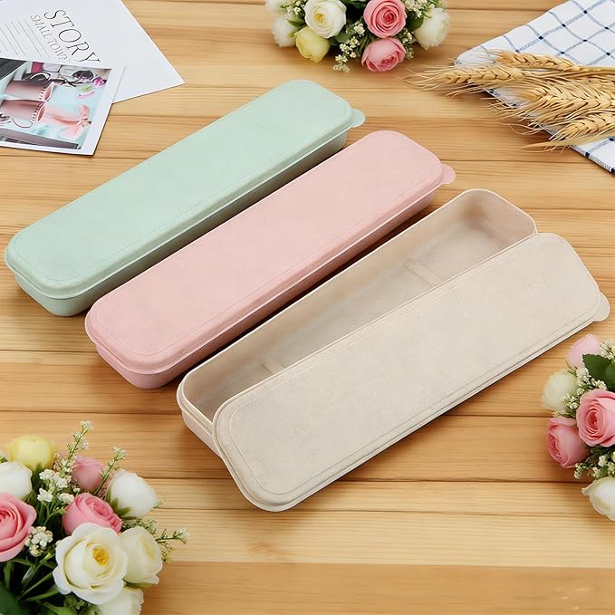 Travel Cutlery Case Portable Utensil Holder Travel Silverware Case Flatware Storage Box Camping Utensils Cases for Fork Spoon Chopsticks Lunch Box, 8.26 x 2.1 Inches (Beige, Green, Small)