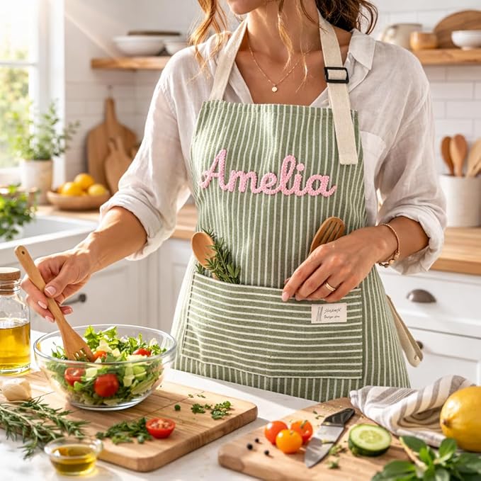 Personalized Apron for Women with Custom Name – Handmade 3D Crochet Corduroy Kitchen Apron with Pocket | Cute Cooking Baking Apron | 20+ Colors | Mother’s Day Gift for Mom