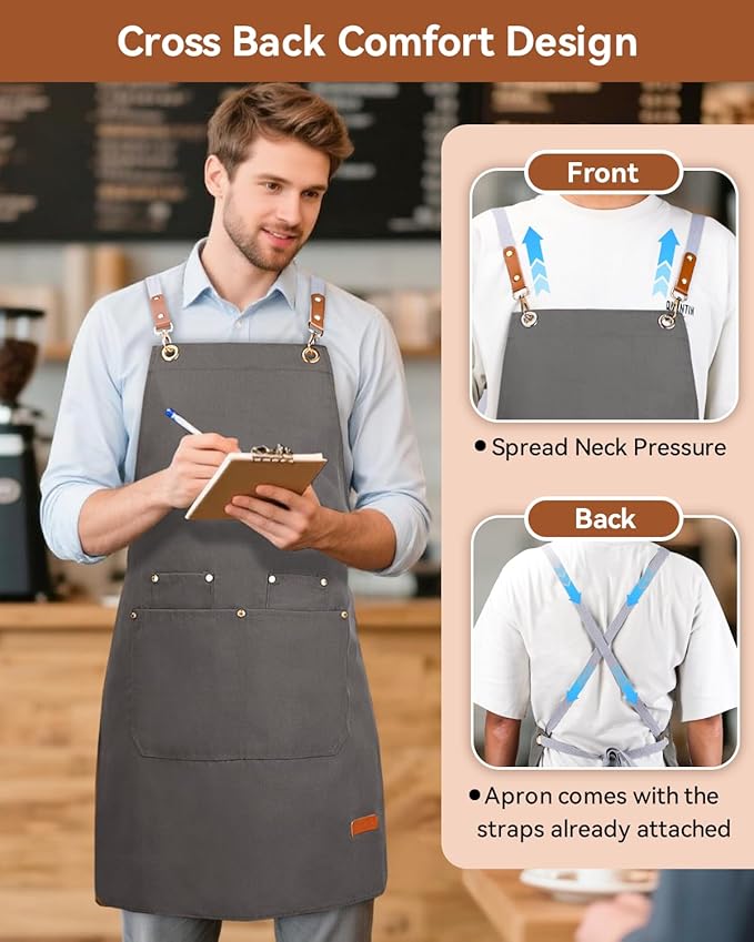 Teskyer Kitchen Cooking Apron with Pockets, Water Oil Resistant, Canvas Cross Back Aprons for Men Women Chef Server