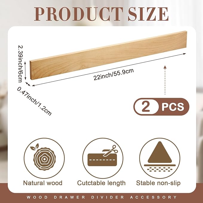Leinuosen 2 Pack Maple Veneer Wood Drawer Divider Accessory 22 x 2.36 x 0.47 Inch Cuttable DIY Wood Divider for Drawer Organizers, Storing Cutlery, Knives and Tools