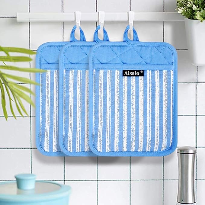 Alselo Silicone Pot Holders Set of 3 Heat Resistant & Non Slip Potholders, Professional Oven Hot Pads with Pockets Mitts for Kitchen Cooking Baking Barbecue (3, Blue)