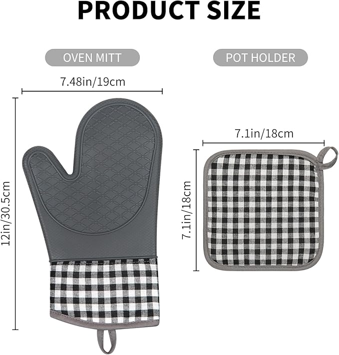 Tifanso Plaid Oven Mitts and Pot Holders 4-Piece Set, Oven Mitts Gloves Heat Resistant with Non-Slip Silicone Surface for Cooking Baking Grilling, Cotton Pot Holders Pads for Kitchen Cooking (Grey)