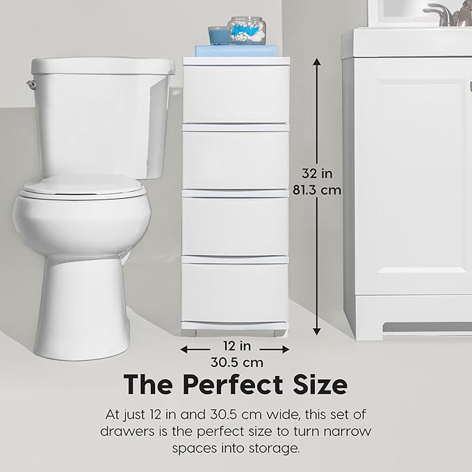 IRIS USA Plastic Drawer Storage Organizer, 4-Drawers, for Classroom Art Supplies Bathroom Dorm Bedroom Laundry Room, Slim Narrow, White Frame with Matte White Front Panels