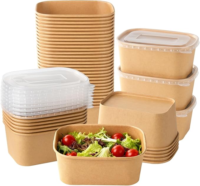 50 Sets 33oz Disposable Kraft Paper Bowls with Lids, Large Paper Food Containers with Lids, Salad Bowls for Hot/Cold Food, Meal Prep, Ice Cream, Takeout, Party Supplies(Rectangle, 1000ml)