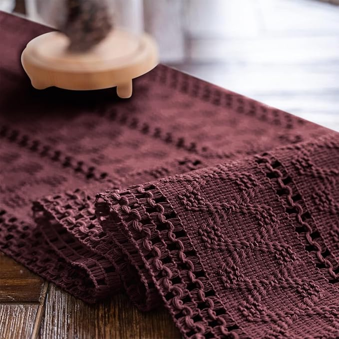 Alynsehom Macrame Table Runner Burgundy Boho Table Runners with Tassels Hand Woven Cotton Table Runner Rustic Farmhouse Table Runners for Bohemian Kitchen Dining Table(12x60in)