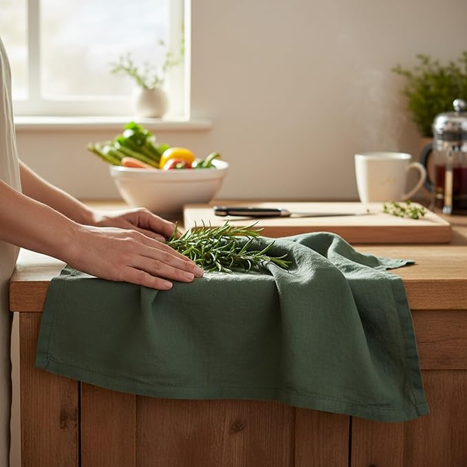 Linen Kitchen Dish Towels – 20” x 27” – 100% Pure Stonewashed Linen Hemstitch Hand Towel/Tea Towel - Set of 2 (Rustic Green)