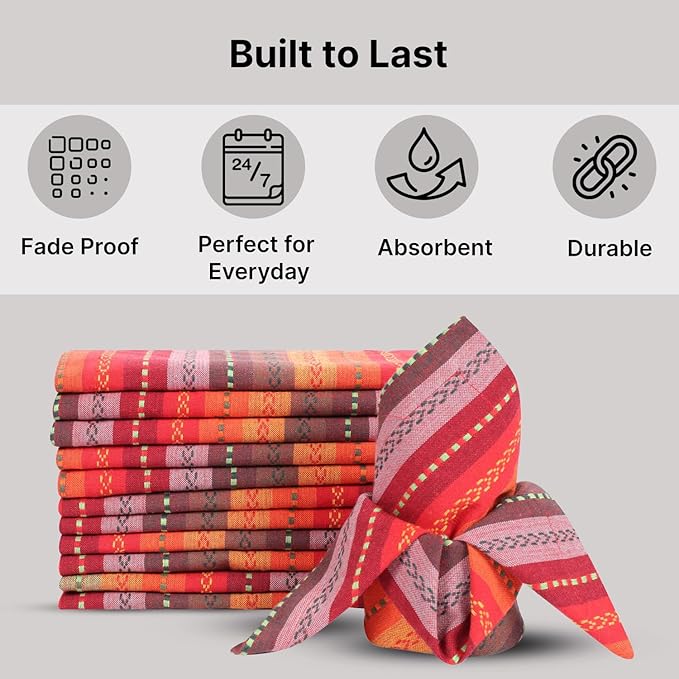 LFH Home Cotton Rich Cloth Salsa Napkin Set of 6 Valentine’s Day Romantic Red Washable Soft Durable Striped Table Napkins for Dining, Wedding, Daily Use, Reusable Eco-Friendly (18x18)