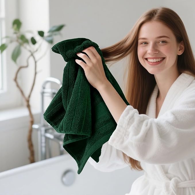 Jacquotha 2-Pack Hand Towels (Forest Green) Ribbed – Kitchen & Bathroom Premium Cotton Towels 13” x 29”, Soft and Quick Drying 480 GSM