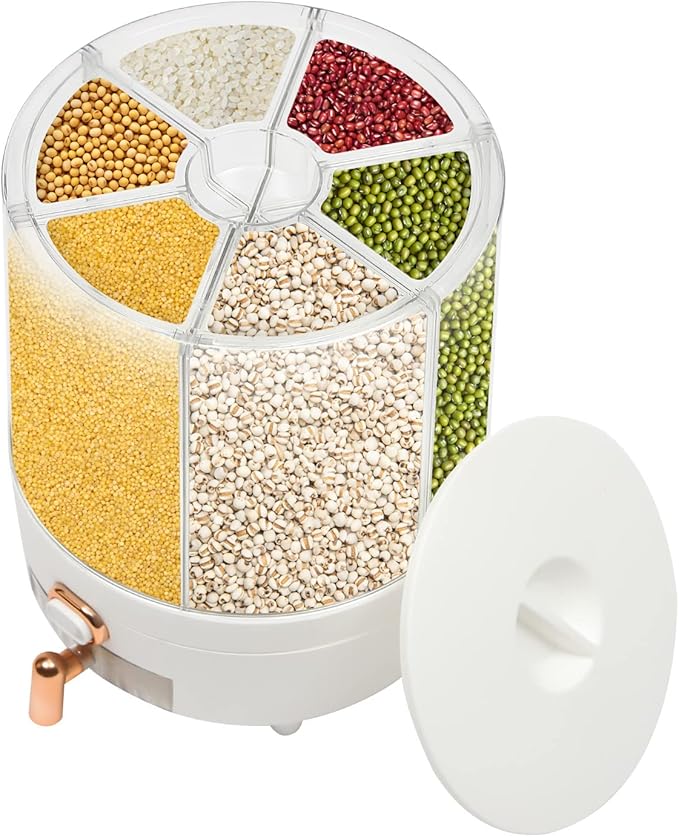 Cereal Dispenser Countertop 360° Rotating Grain Storage Container 13.2-27.56 Lbs Rice Dispenser 6 Grids Dry Food Dispenser Candy Dispensers for Grains, Beans, Rice (White+Clear, 14.33Lbs)