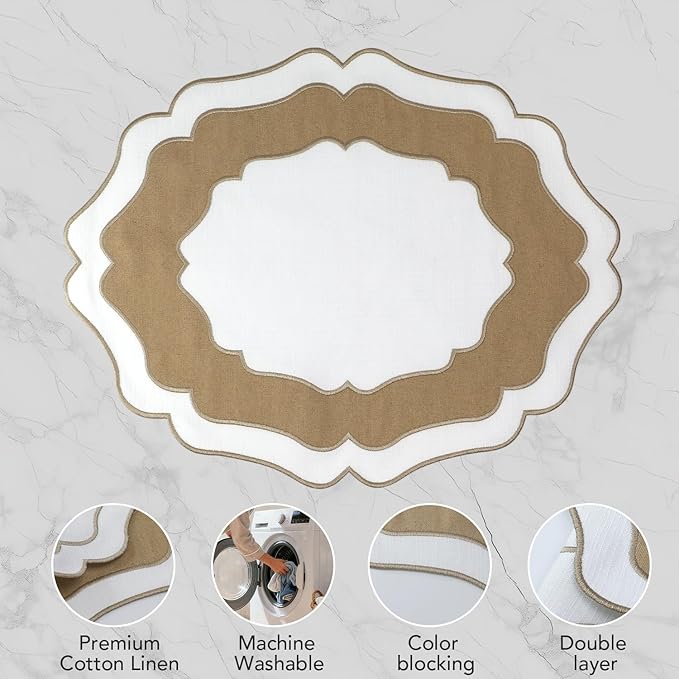 Embroidery Cotton Linen Placemats Set of 4, HADEEONG Table Mats Cloth Placemats, Washable Wrinkle Resistance, Double Layer Scalloped Fabric Placemats, 17.7 x 13.4inch (White with Brown, 4)