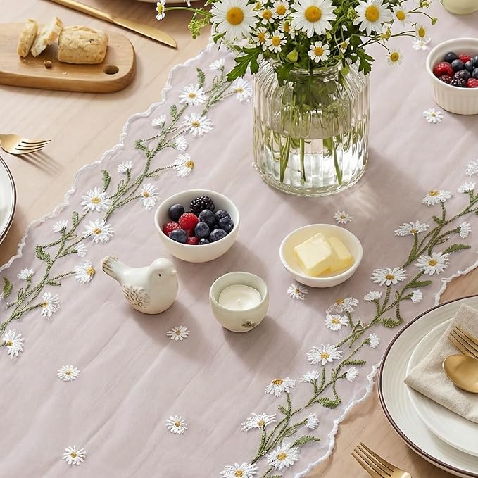 Artoid Mode Daisy Floral Light Pink Shaped Gauze Embroidery Table Runner 120 Inch 10FT, Tulle Spring Summer Kitchen Dining Table Decor for Home Party